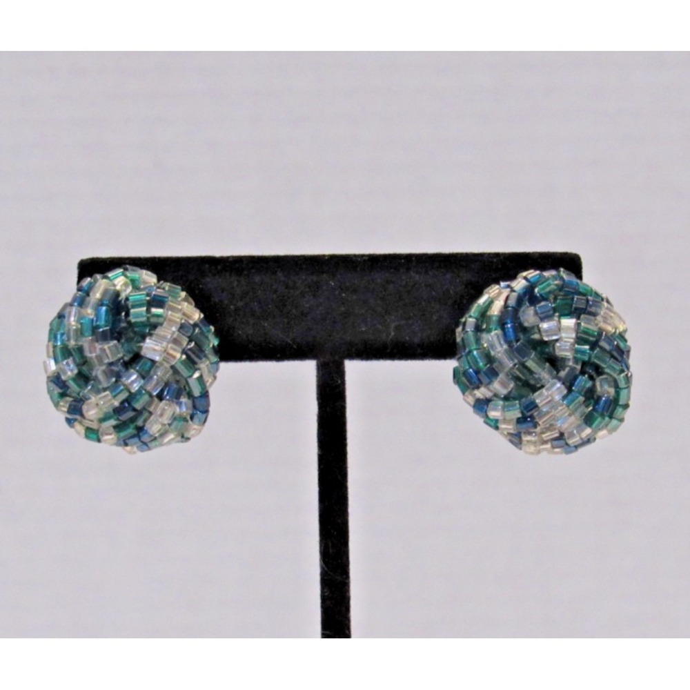 Vintage Teal Navy Blue Glass Beaded Cluster‎ Clip On Button Earrings Woven Domed